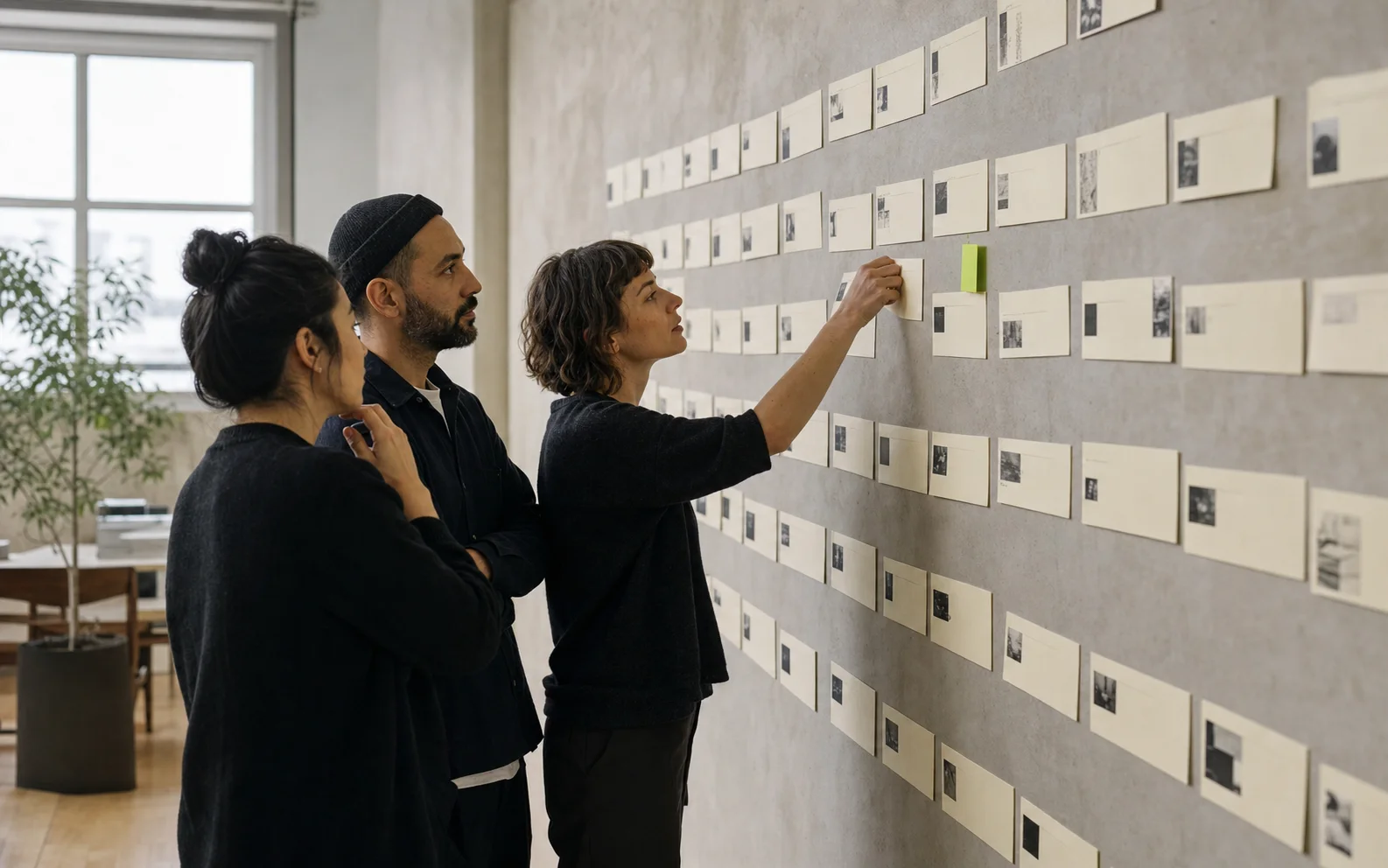 A focused strategy team reviewing an ordered content opportunity wall
