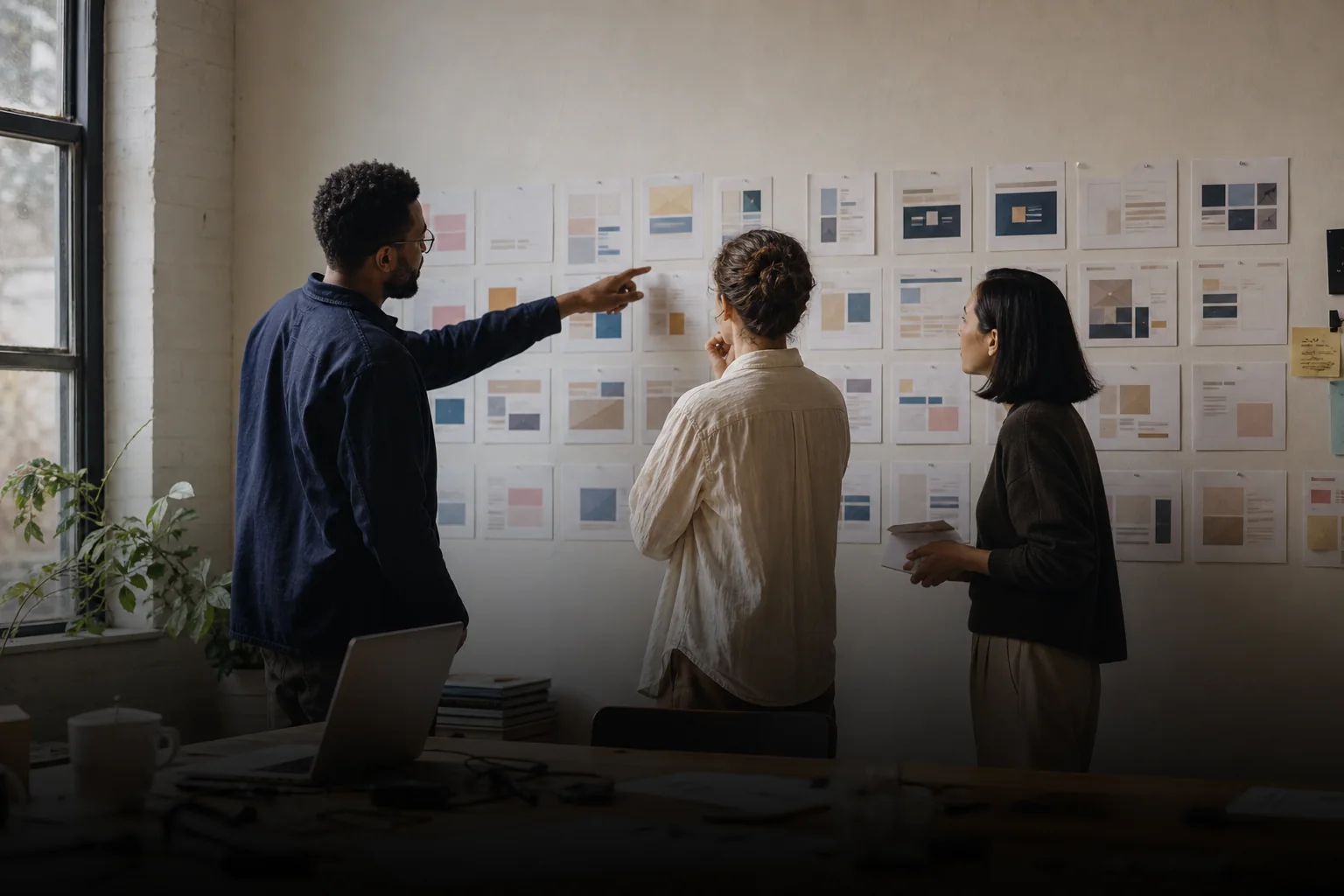 An agency team discussing a wall of page plans in a daylight studio