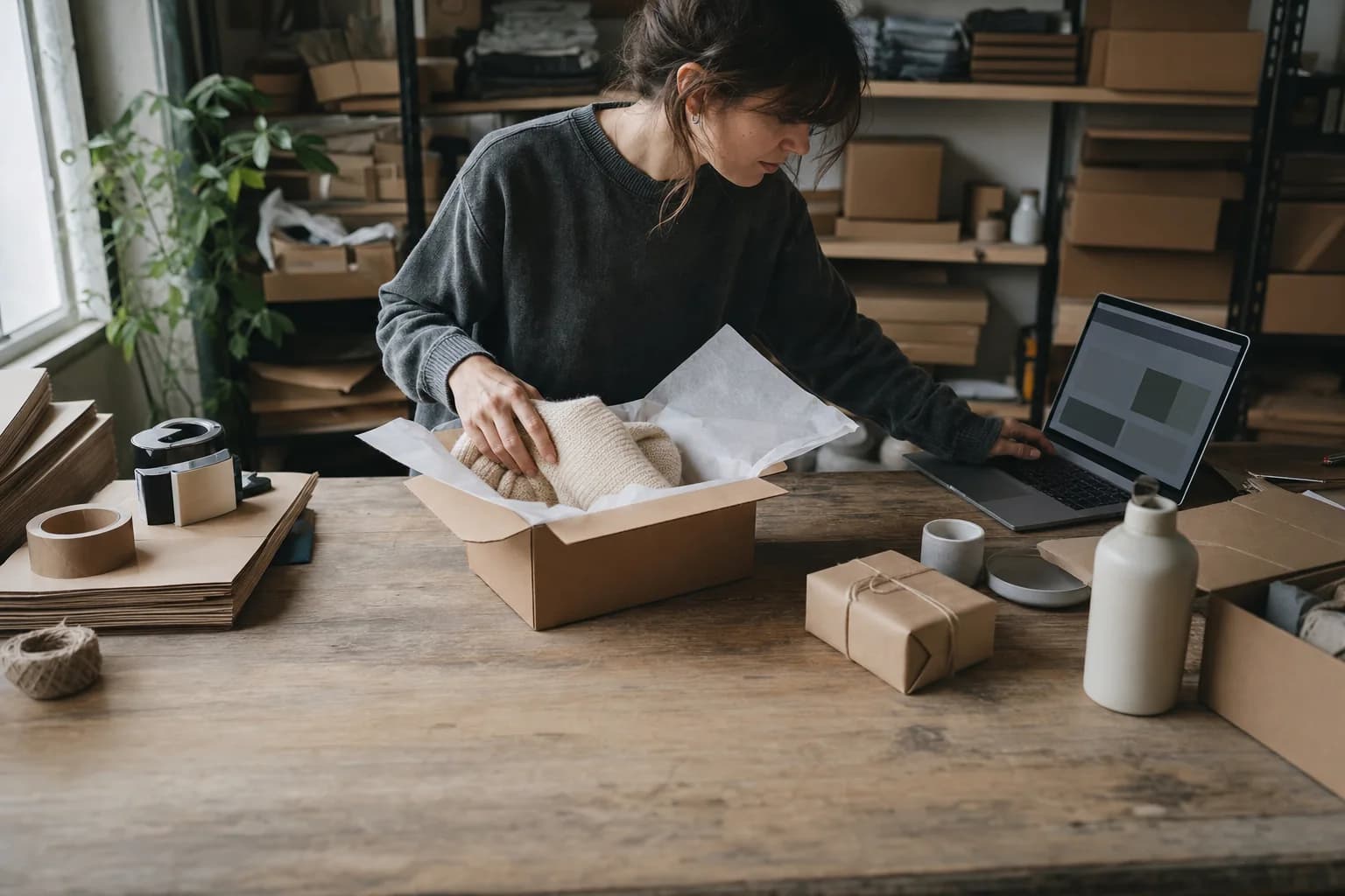 An independent ecommerce operator packing an order beside a product page
