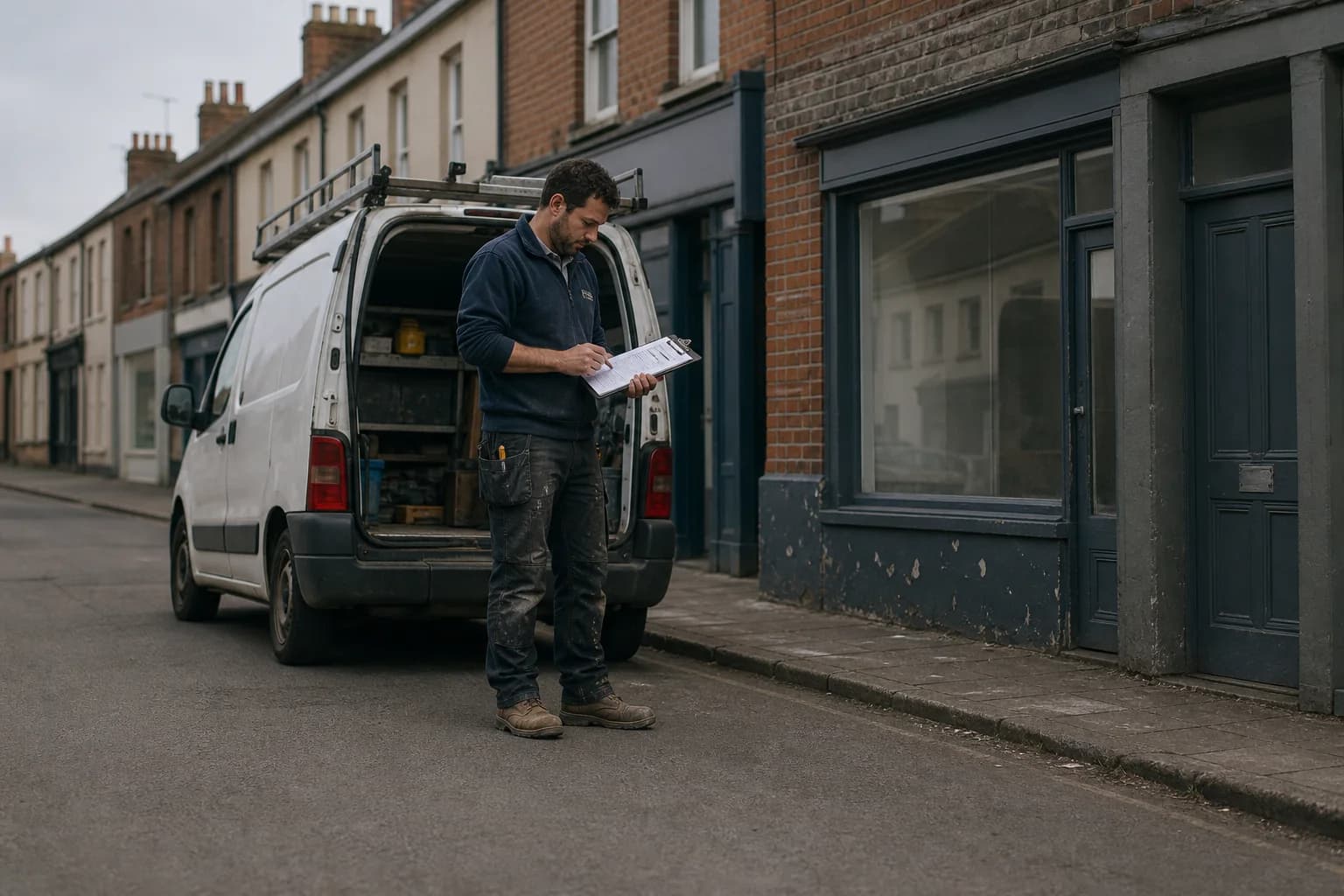 A local tradesperson reviewing a work plan beside an unbranded van and storefront