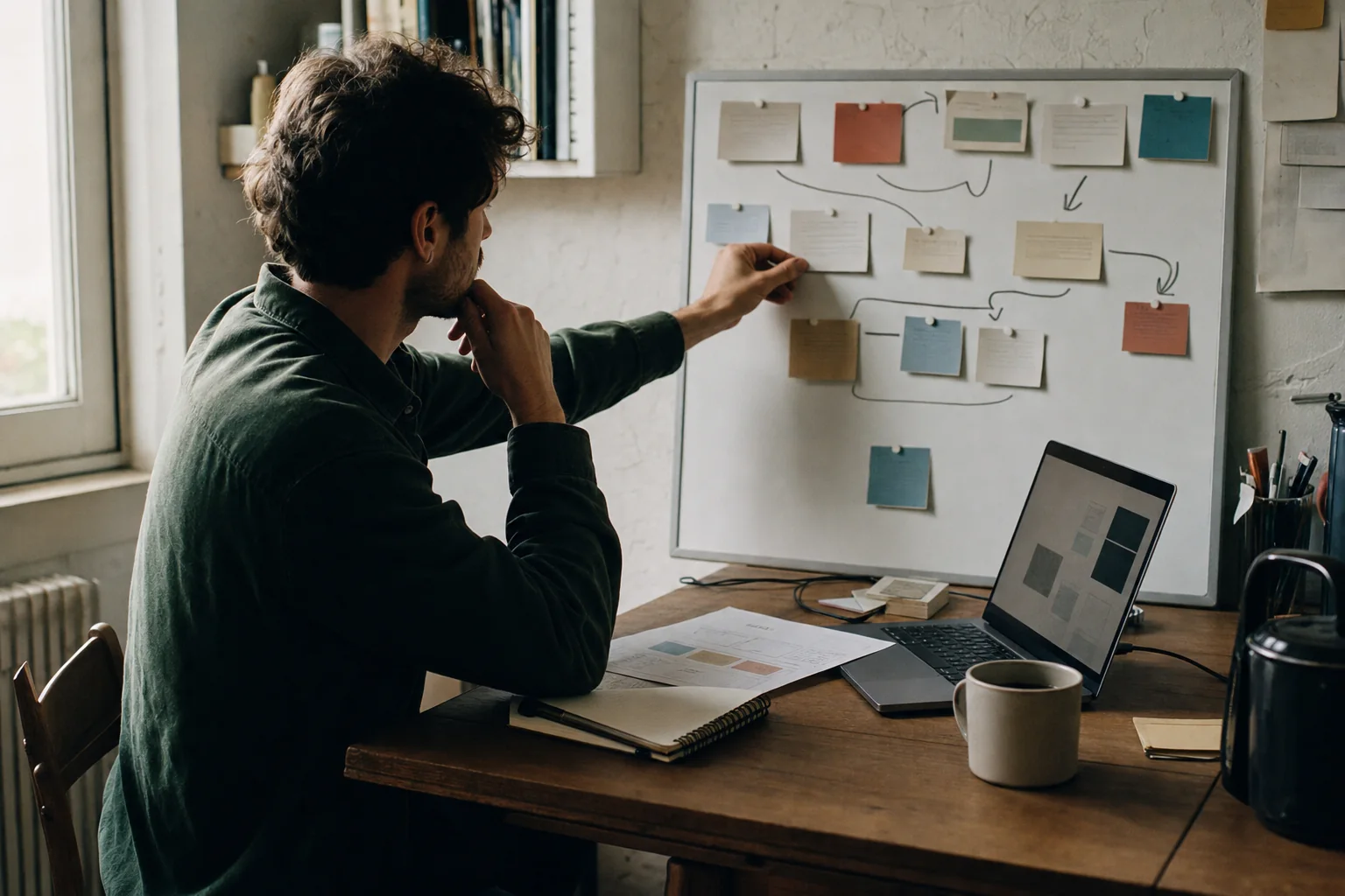 A founder arranging a page plan between a whiteboard and laptop