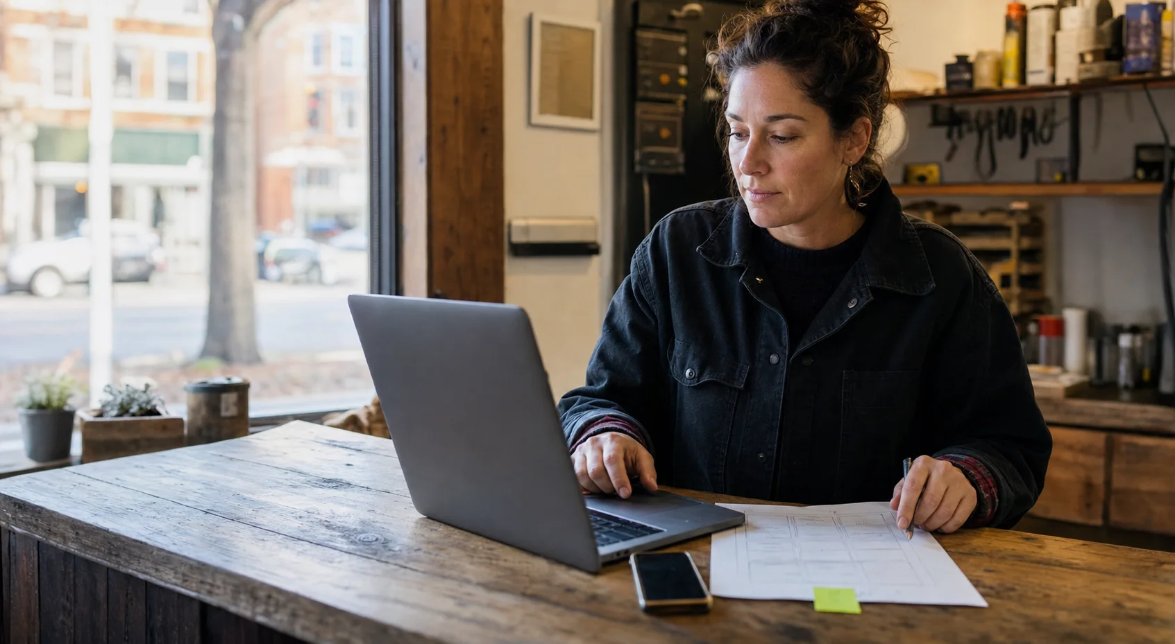 A local business owner thoughtfully reviewing her website plan