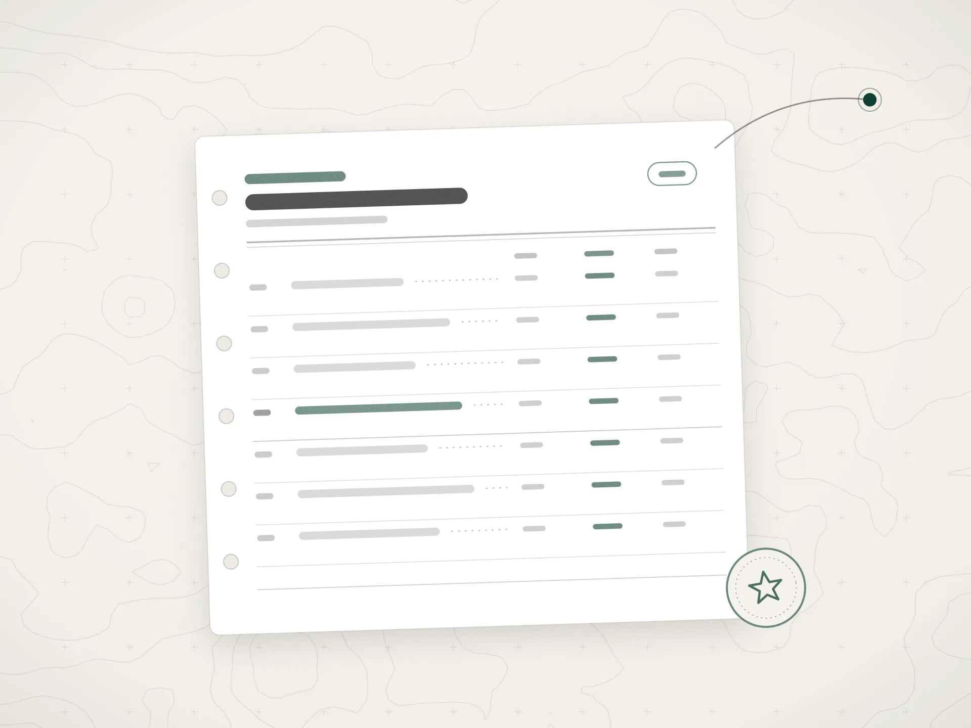 A stamped rate card pinned to a surveyed map: ruled fee rows with dot leaders running to three rate columns, one row highlighted.