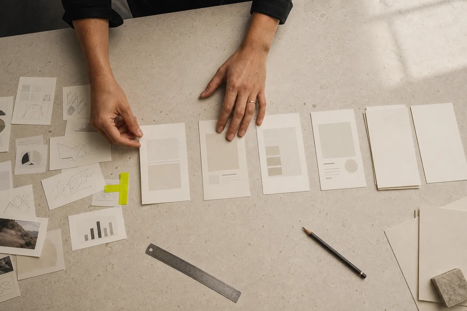 Hands turning scattered website research into an ordered page plan